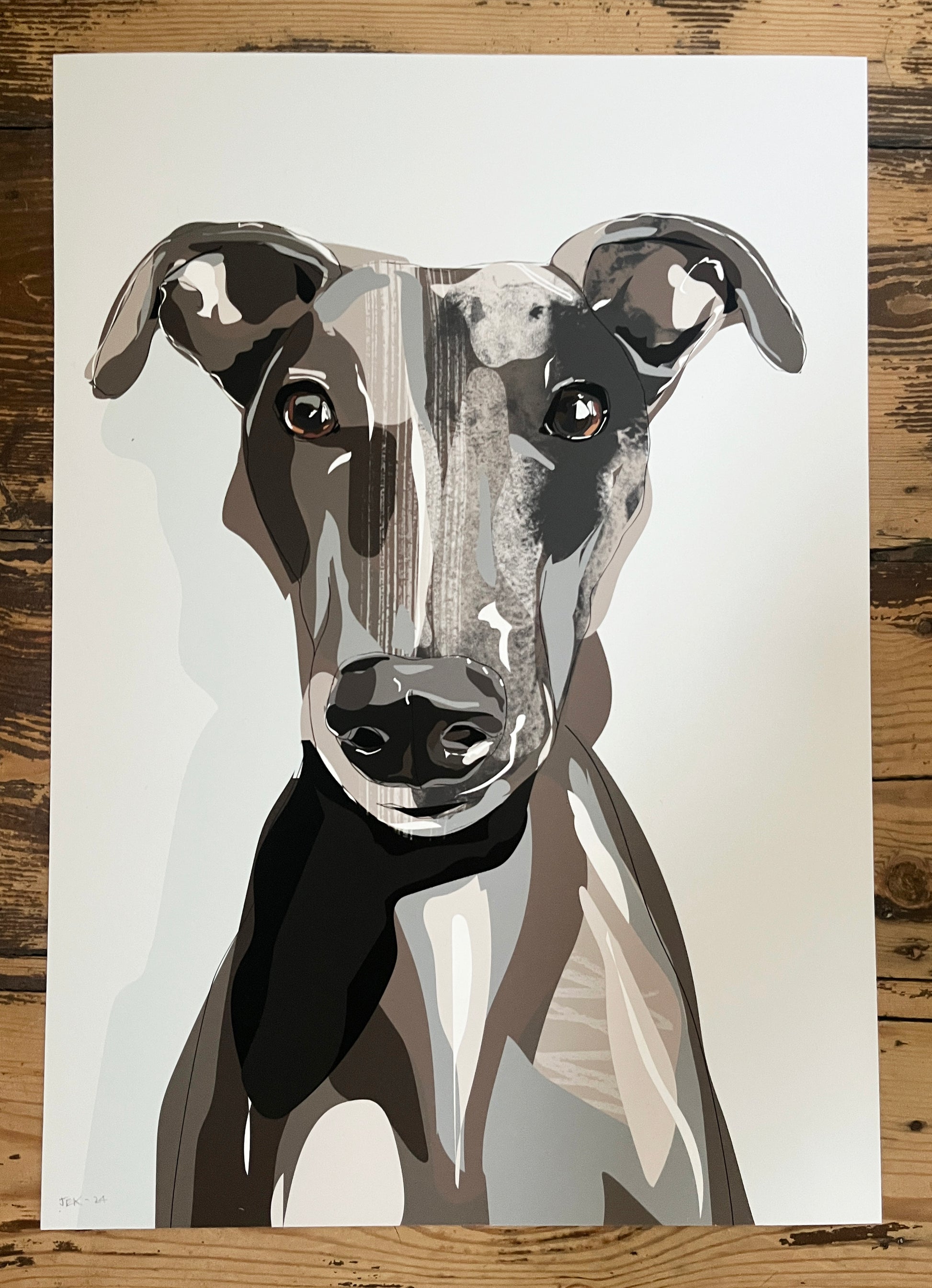 High quality giclee print of an original custom drawing of a whippet dog. I can draw your cat, dog, or any other pet by hand, which is the perfect gift. 